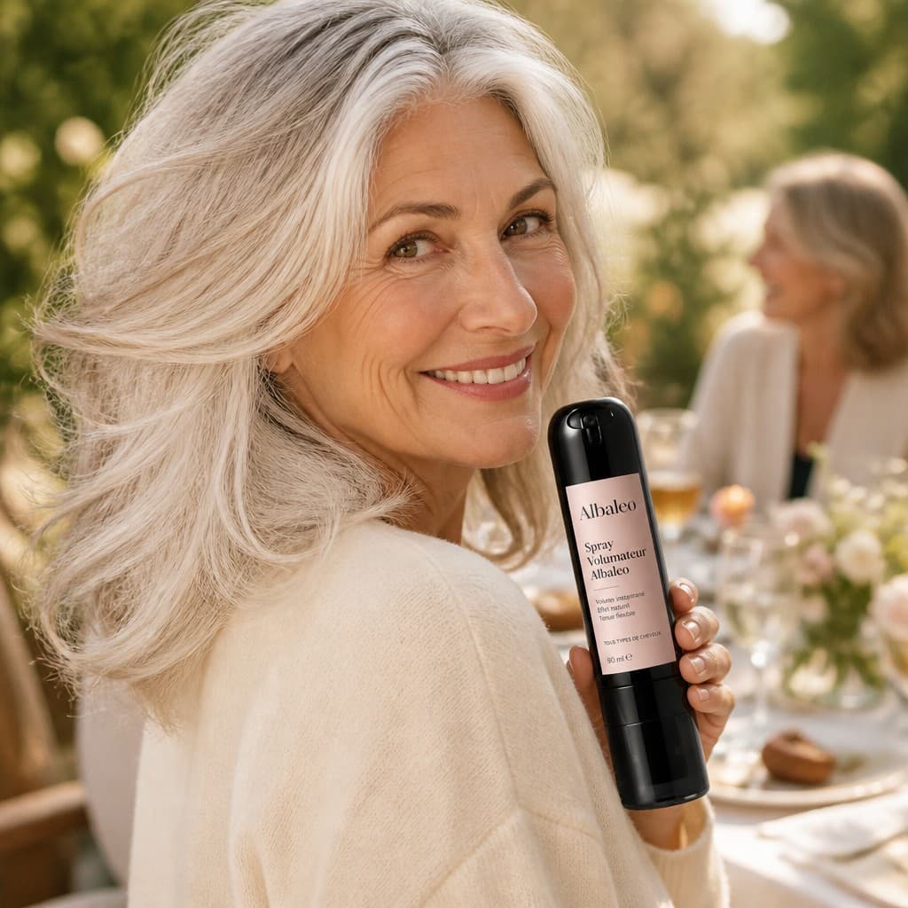 Une cliente de 65 ans aux cheveux blancs volumineux tient le Spray Volumateur Albaleo lors d'un déjeuner en terrasse